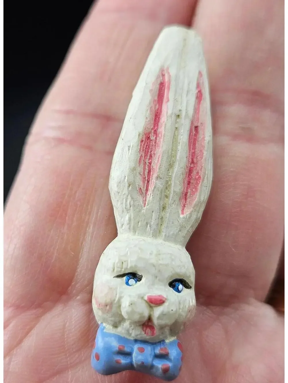 Vintage Bunny Rabbit Head Pin Brooch Carved Wood Look Blue Bow Tie